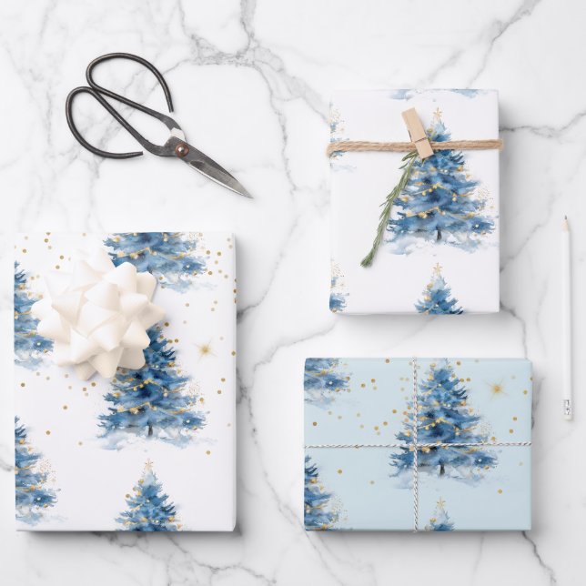 Feuille De Papier Cadeau Arbre de Noël bleu Confetti en or (Recto)