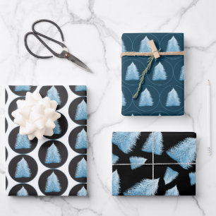 Feuille De Papier Cadeau Arbre De Noël Bleu Sur Noir Et Bleu