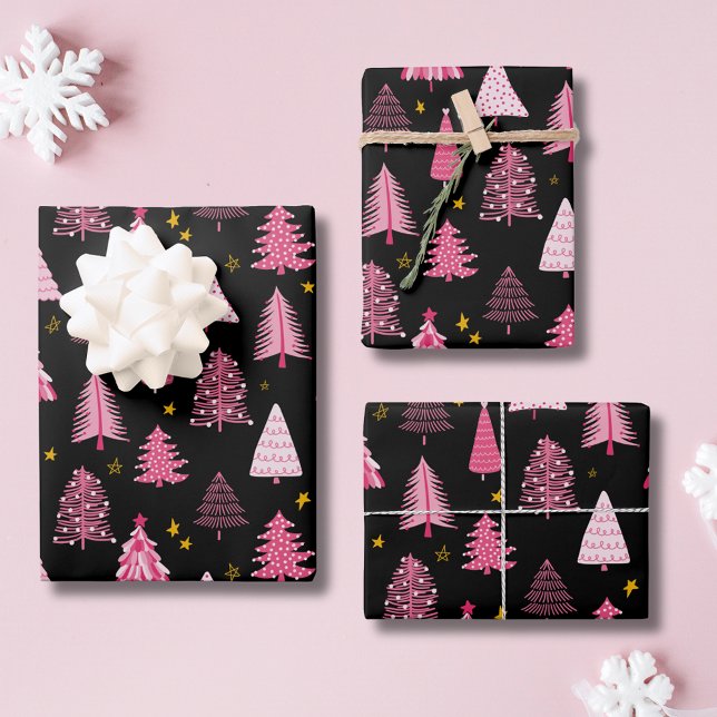 Feuille De Papier Cadeau Arbre de Noël Bois rose Noir (Pink Christmas tree wrapping paper sheets on black backrgound.  Other colors available. )