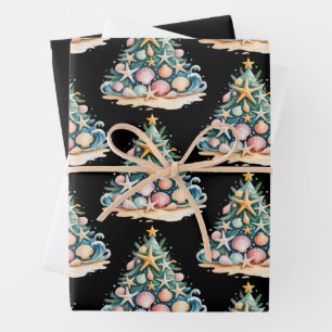 Feuille De Papier Cadeau Arbre de Noël Coquillages Eau de Mer Étoile de Mer