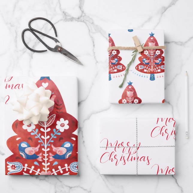 Feuille De Papier Cadeau Arbre de Noël d'art populaire scandinave (Recto)