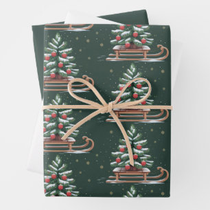 Feuille De Papier Cadeau Arbre de Noël de vacances traîneau flocons de neig