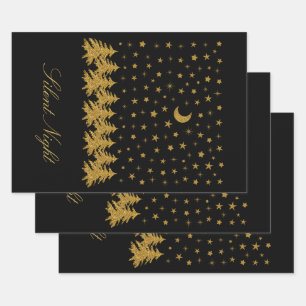 Feuille De Papier Cadeau Arbre de Noël en or brillant, lune, étoiles sur no