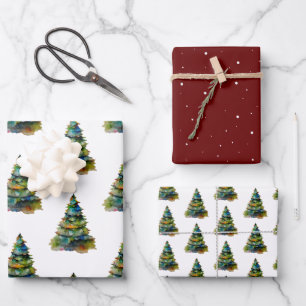 Feuille De Papier Cadeau Arbre de Noël festif à l'aquarelle Rouge Fêtes