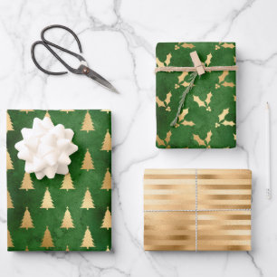 Feuille De Papier Cadeau Arbre de Noël Holly Motif Green Gold