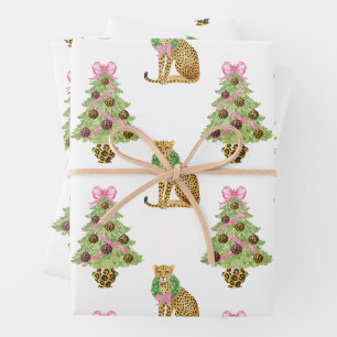 Feuille De Papier Cadeau Arbre de Noël léopard Preppy aquarelle