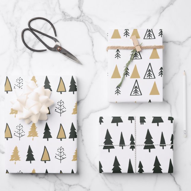 Feuille De Papier Cadeau Arbre de Noël moderne noir blanc (Recto)