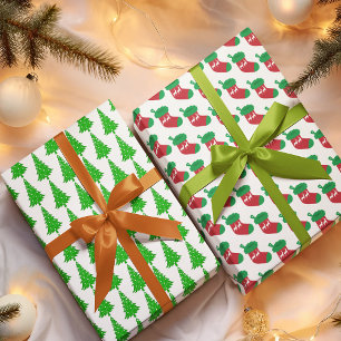 Feuille De Papier Cadeau Arbre de Noël Moderne Vert Bas Stock Chêne Rouge