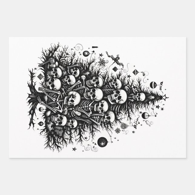 Feuille De Papier Cadeau Arbre de Noël Noir Crânes et os 3 arts (Devant 3)