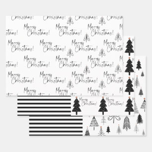 Feuille De Papier Cadeau Arbre de Noël noir et blanc