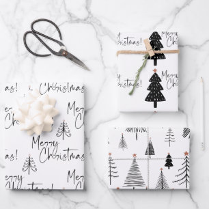 Feuille De Papier Cadeau Arbre de Noël noir et blanc