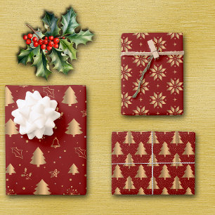 Feuille De Papier Cadeau Arbre de Noël or et Motifs de Poinsettia en rouge
