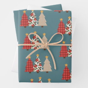 Feuille De Papier Cadeau Arbre de Noël Patchwork Vintage Écarlate Fêtes