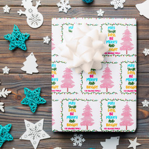 Feuille De Papier Cadeau Arbre de Noël Rose Clair Coloré et Joyeux sur Mesu
