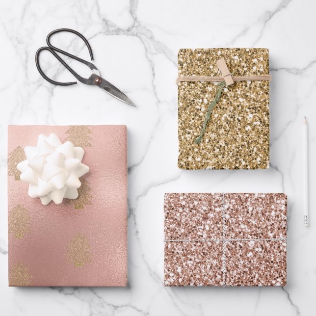 Feuille De Papier Cadeau Arbre de Noël rose Gold Glitzy Parties scintillant (Recto)