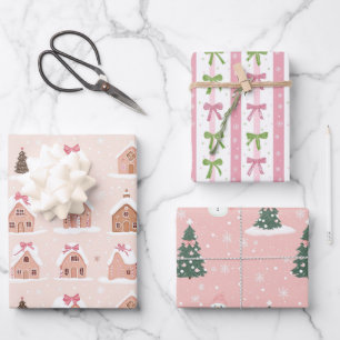 Feuille De Papier Cadeau Arbre de Noël rose Pain d'épice Maisons Vaches