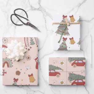 Feuille De Papier Cadeau Arbre de Noël rose rétro Super