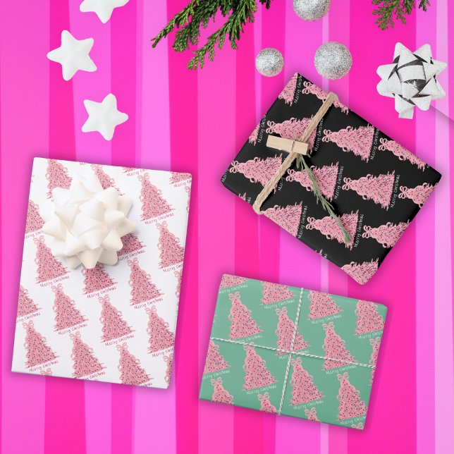 Feuille De Papier Cadeau Arbre de Noël Rose Ruban Rose (Créateur téléchargé)