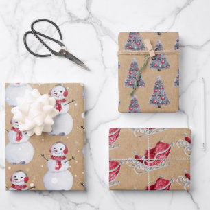 Feuille De Papier Cadeau Arbre de Noël Snowman Sleigh Kraft