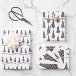 Feuille De Papier Cadeau Arbre de Noël Tartan Motif sur blanc