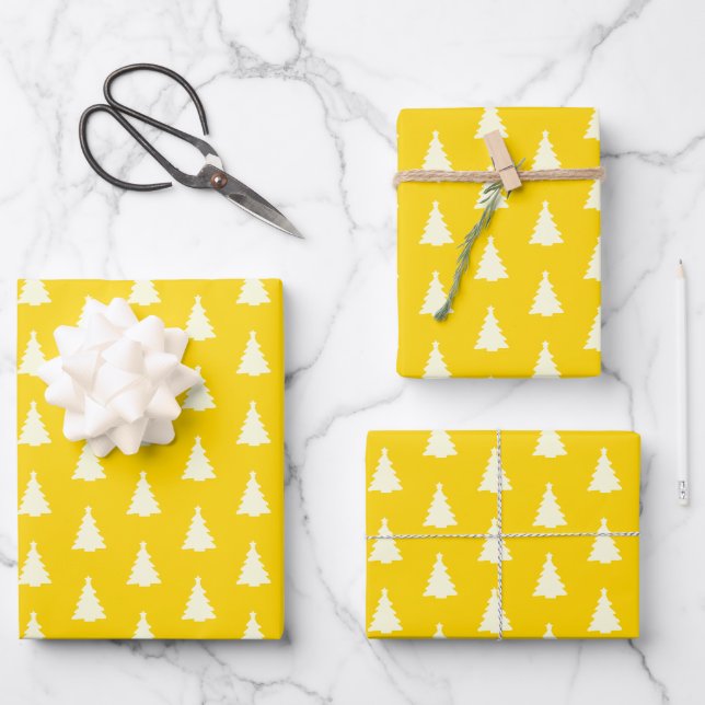 Feuille De Papier Cadeau Arbre de Noël transparent sur fond jaune (Recto)