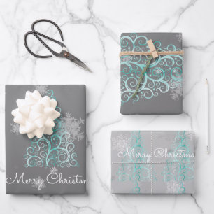 Feuille De Papier Cadeau Arbre de Noël turquoise et flocons de neige