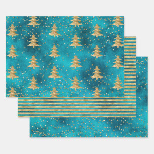 Feuille De Papier Cadeau Arbre de Noël Turquoise Turquoise Gold