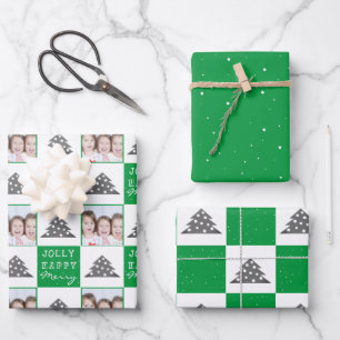 Feuille De Papier Cadeau Arbre de Noël vert festif neige famille photo