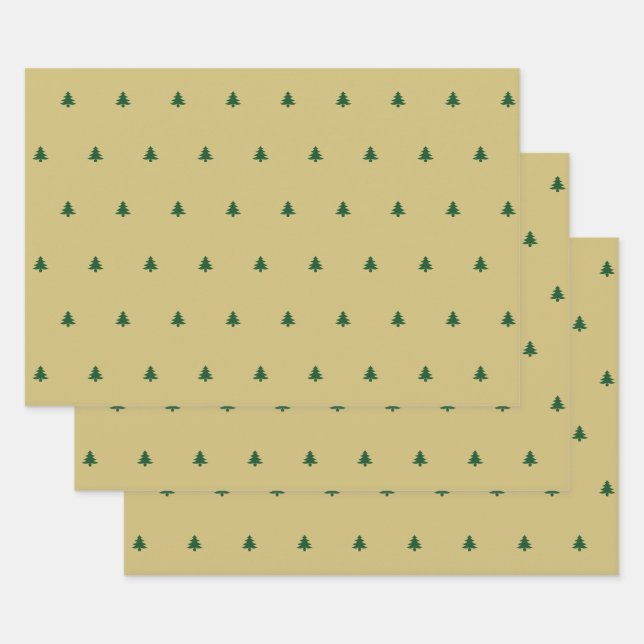 Feuille De Papier Cadeau Arbre de Noël vert/or Motif Iconique simple (Lot)