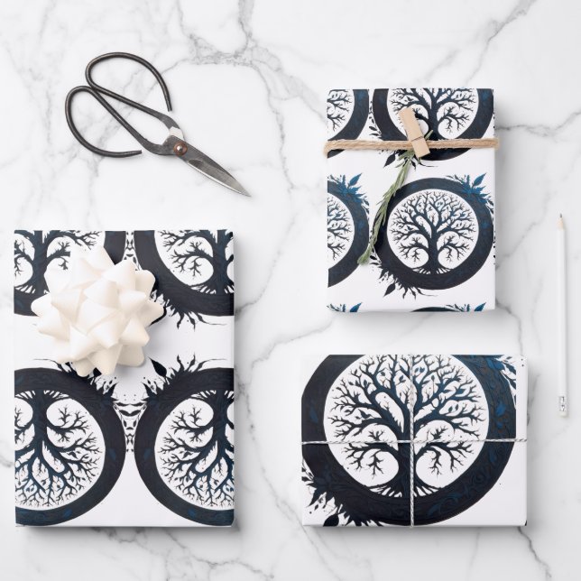 Feuille De Papier Cadeau Arbre de vie en bleu (Recto)