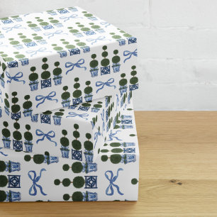 Feuille De Papier Cadeau Arbre topiaire en chinoiserie avec ruban bleu