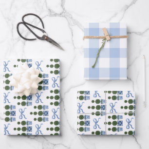 Feuille De Papier Cadeau Arbre topiaire en chinoiserie avec ruban bleu et v