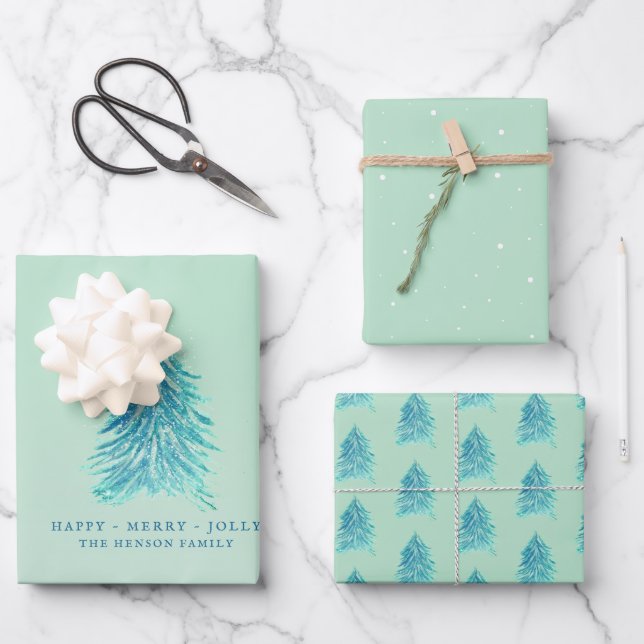 Feuille De Papier Cadeau Arbres Aquarelle Dessin Joyeux Noël (Recto)