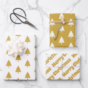 Feuille De Papier Cadeau Arbres blancs et or Joyeux Noël