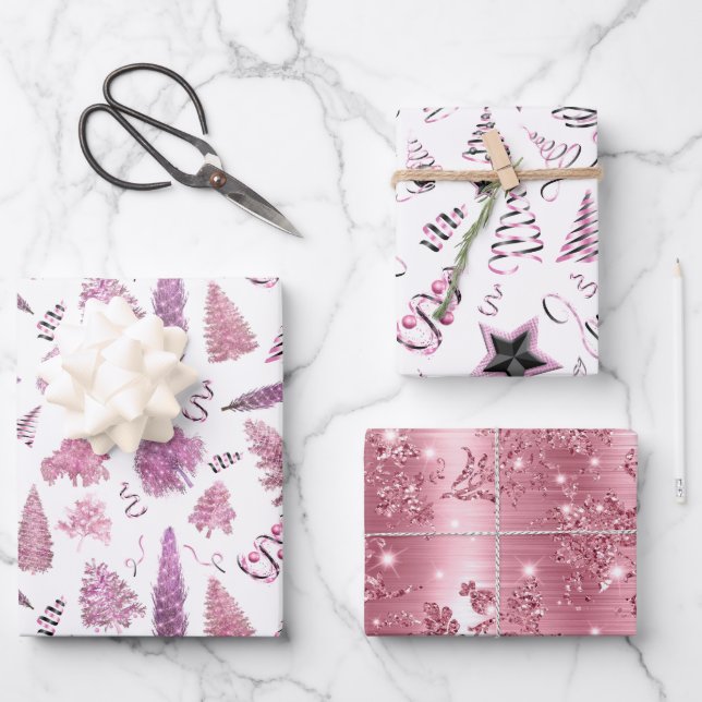 Feuille De Papier Cadeau Arbres chics de Noël rose Fille (Recto)