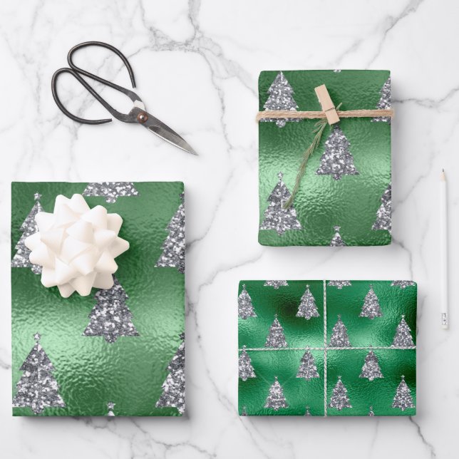 Feuille De Papier Cadeau Arbres d'argent élégant Noël (Recto)