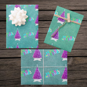 Feuille De Papier Cadeau Arbres d'argent rose coloré Joyeux texte de Noël