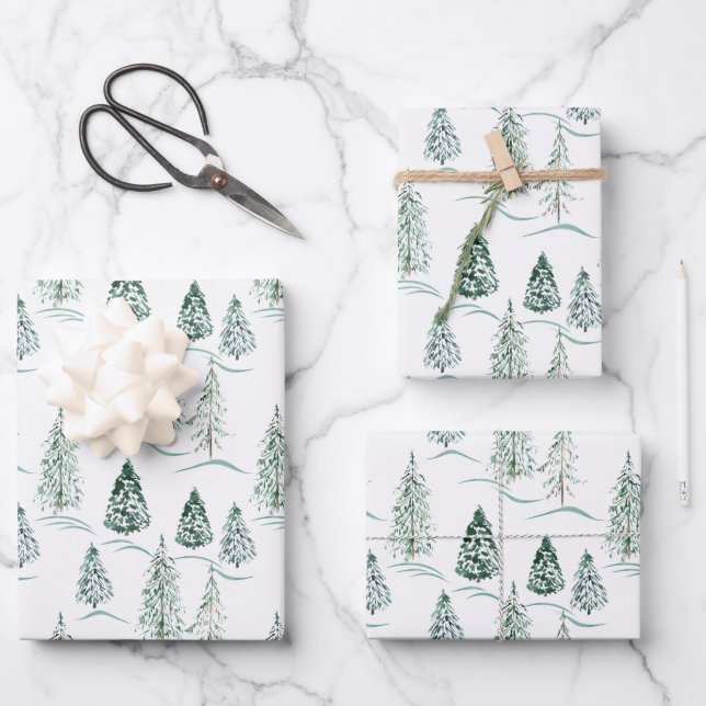 Feuille De Papier Cadeau Arbres de Noël aquarelle. Forêt hivernale. (Recto)