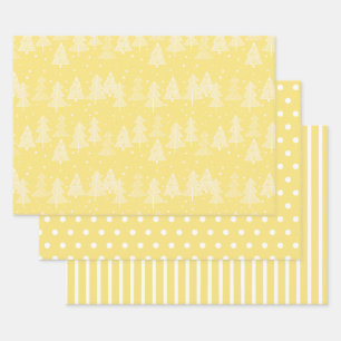 Feuille De Papier Cadeau Arbres de Noël Blancs Jaunes pois rayures