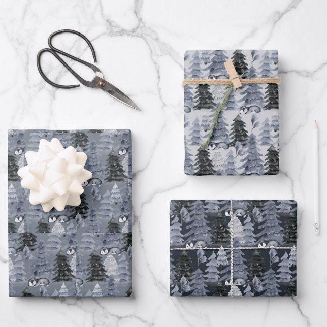 Feuille De Papier Cadeau Arbres de Noël bleu foncé et gris (Recto)