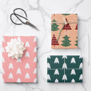 Feuille De Papier Cadeau Arbres de Noël Bohème Rose Vert Rouge Blanc Fêtes