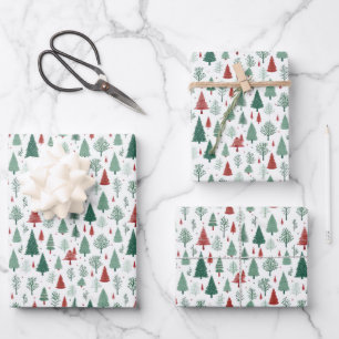 Feuille De Papier Cadeau Arbres de Noël Bohème Rouge Vert Vacances
