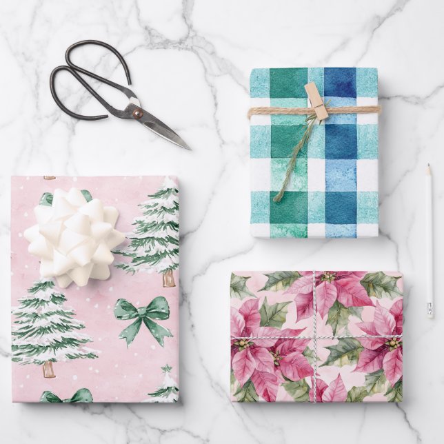 Feuille De Papier Cadeau Arbres de Noël Chic Plaid Rose Floral (Recto)