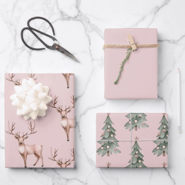 Feuille De Papier Cadeau Arbres de Noël de cerfs de Boho Rose (Recto)