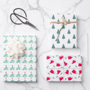 Feuille De Papier Cadeau Arbres de Noël et chapeaux de Père Noël Enveloppem