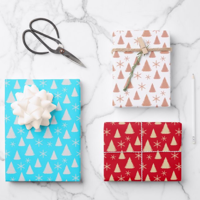 Feuille De Papier Cadeau Arbres de Noël et flocons de neige (Recto)