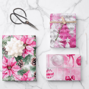 Feuille De Papier Cadeau Arbres de Noël Fleurs Ornements Glam Argent Rose