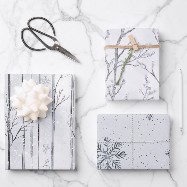 Feuille De Papier Cadeau Arbres de Noël flocons de neige gris argenté (Recto)