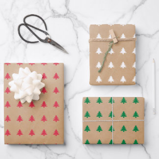 Feuille De Papier Cadeau Arbres de Noël modernes blancs rouges verts sur Kr