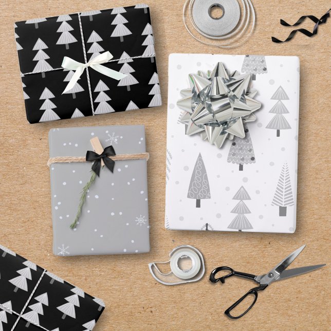 Feuille De Papier Cadeau Arbres de Noël modernes Motif gris argent noir (Créateur téléchargé)